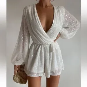 Pants Jumpsuits Nwt White Sequin Long Sleeve Romper